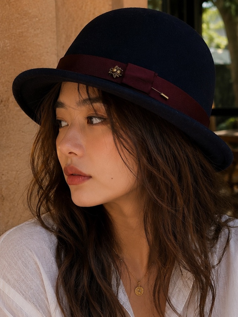 Scotch & Soda Black Wool Bowler with Burgundy Ribbon